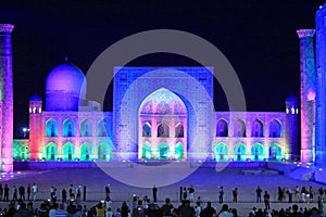 Samarkand, Uzbekistan at night: Beautiful Historic Registan Square at dusk. Ulugh Beg, Tilya-Kori and Sher-Dor madrasah