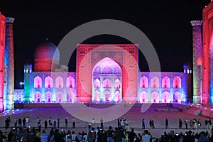 Samarkand, Uzbekistan at night: Beautiful Historic Registan Square at dusk. Ulugh Beg, Tilya-Kori and Sher-Dor madrasah