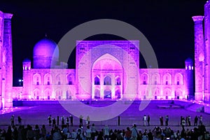 Samarkand, Uzbekistan at night: Beautiful Historic Registan Square at dusk. Ulugh Beg, Tilya-Kori and Sher-Dor madrasah