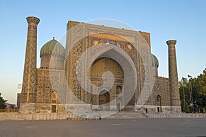 Sherdor Madrasa in the evening sun. Registan Square. Samarkand, Uzbekistan