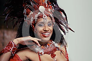 Samba, carnival or happy woman in costume or portrait for celebration, music culture or band in Brazil. Event, party or