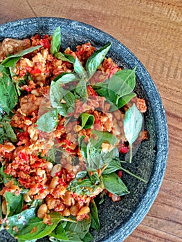Sambal tempeh with basil leaf