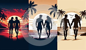 The same LGBTQ couple wandering hand in hand along a beach at sunset is shown in three different styles. photo