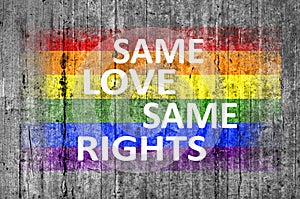 Same Love Same Rights and LGBT flag painted on background texture