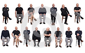 Same man view in various outfits sitting on white background, front view photo