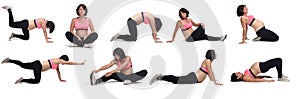 The same pregnant woman doing floor exercises on white background