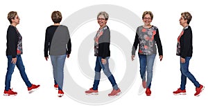 Same senior woman walking on white