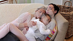 Same sex couple asleep with son
