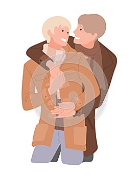 Same-sex couple on a date in cold weather. Gentle hugs of men in love in coat. Homosexuals enjoy romantic meeting. Guys