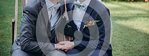 Same sex couple, gay boyfriends wedding celebration. Equality concept