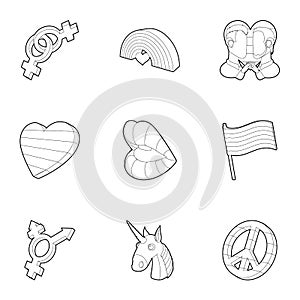 Same-sex love icons set, outline style