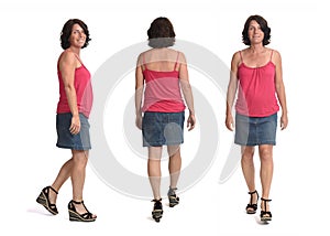 Same woman wolking on white background, front, side and rear view