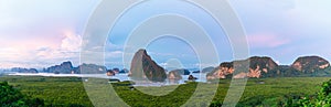 Samet Nangshe viewpoint mountain landscape Phang Nga bay Phuket Thailand at sunset