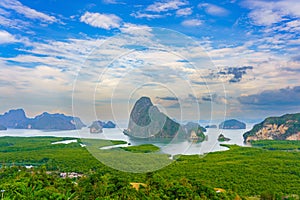 Samet Nangshe viewpoint over Phang-nga Bay scenic, with mountains in Andaman sea, near Phuket, Thailand