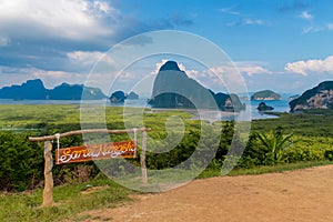 Samet Nangshe viewpoint sign Phang Nga Bay in Thailand