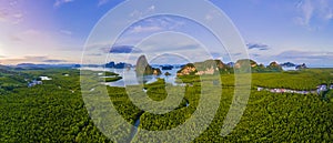 Sametnangshe, view of mountains in Phangnga bay with mangrove forest in andaman sea Thailand