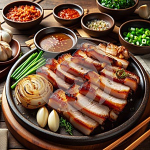 Samgyeopsa, Thick slices of pork belly grilled at the table and often eaten with garlic, green onions, and a dipping sauce