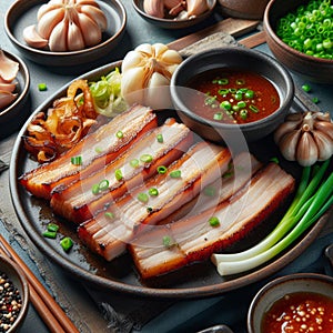 Samgyeopsa, Thick slices of pork belly grilled at the table and often eaten with garlic, green onions, and a dipping sauce