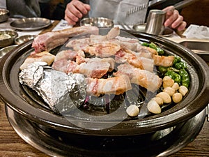 Samgyeopsal, grilled pork belly popular in South Korea.