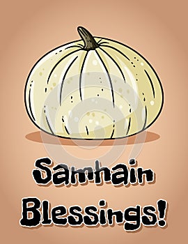Samhain Blessings fall pagan holiday pumpkin postcard. Autumn Halloween harvest celebration greetings flyer