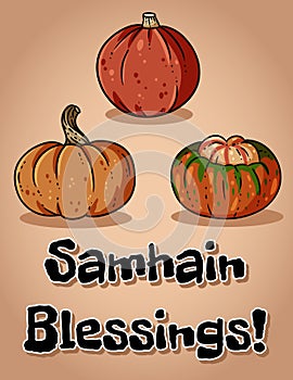 Samhain Blessings fall pagan holiday pumpkins postcard. Autumn Halloween harvest celebration greetings flyer