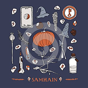 Samhain symbols set. Celtic calendar concept photo