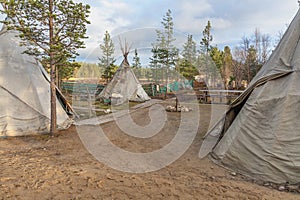 Sami, saami village on the Kola Peninsula, Russia. Tourist ethnographic parking. Settlement Old Titovka, Murmansk region