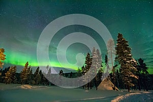 Sami tent under a green northern lights in Lapland