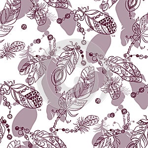 Samless pattern with colored dark red graphic feathes with pink