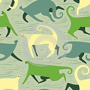 Samless patternt with doodle cats. Background with running kitten in cute flat style. Vector illustration