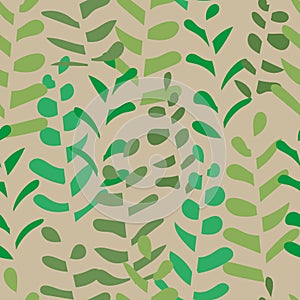 Seamless vector pattern with leaves silhouettes in natural greens and khakis photo