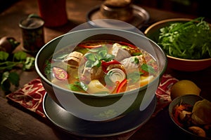 Samlor machu trey, fish sweet and sour soup, Cambodian food. Generative AI