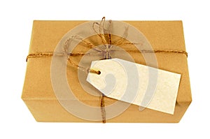 Samm paper parcel tied with string, blank manila message label, isolated on white