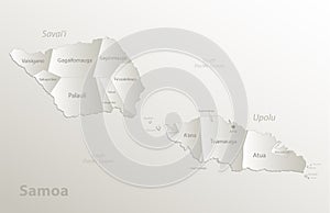 Samoa island map, administrative division, separates regions and names individual, card paper 3D natural