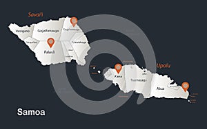 Samoa map, Infographics flat design colors snow white, with names of individual regions