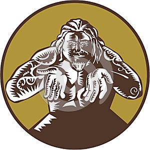 Samoan God Tagaloa Arms Out Circle Woodcut