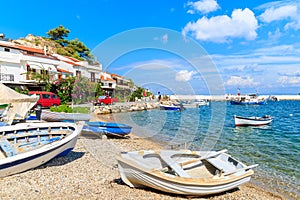 Fishing boats on beach in Kokkari village, Samos island, Greece