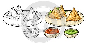 Samosa on board with sauces in bowl. Vector color engraving