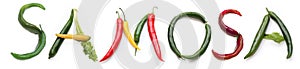 SAMOSA, green red chili pepper, yellow carrot, celery and salad letter for vegan, vegetarian, vegetables samosa menu