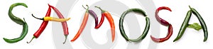 SAMOSA, green red yellow purple orange chili pepper letter for vegan, vegetarian, vegetables samosa menu