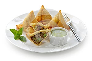 Samosa with mint chutney , indian food photo