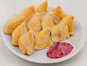 Samosa with Sweet Red Chutney Indian Delicious Deep Fried Breakfast