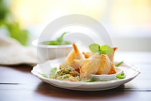 samosas with mint chutney on plate