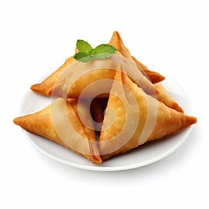 High Quality Triangular Samosas On White Plate photo