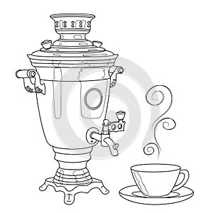 Samovar and cup with hot tea. Old obsolete item of national cuisine. Metal large kettle used to heat and boil water