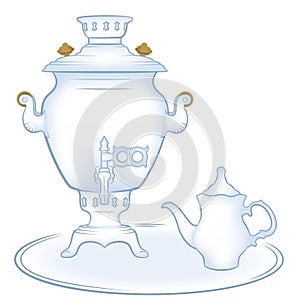 Samovar, a metal container traditionally used to heat and boil water in Russia.