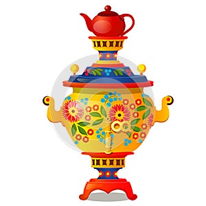 Samovar with traditional Russian ornament isolated on white background. Vector cartoon close-up illustration.