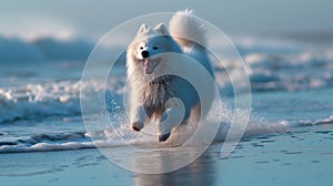 Samoyed dog running on sea. Concept about animals and nature