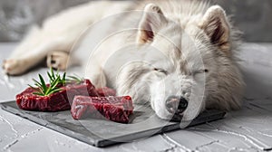 A Samoyed lying next to a slice of raw beef heart on a plain grey background, focusing solely on the interaction