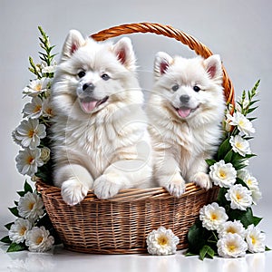 Samoyed puppies in a wicker basket